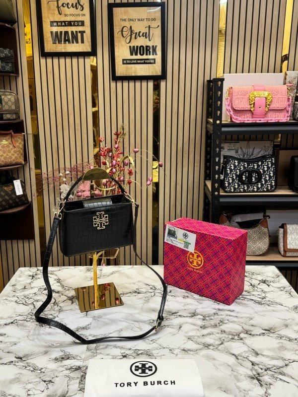 TOR Y BURCH BRITTEN CROCO HANDBAG CROCODILE PRINT WITH OG BOX AND DUST BAG AND SLING (BLACK) (S2)(MT)